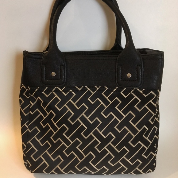 Tommy Hilfiger Purse Black Beige Canvas Fabric Faux Leather Trim Handbag Tote - Picture 4 of 8